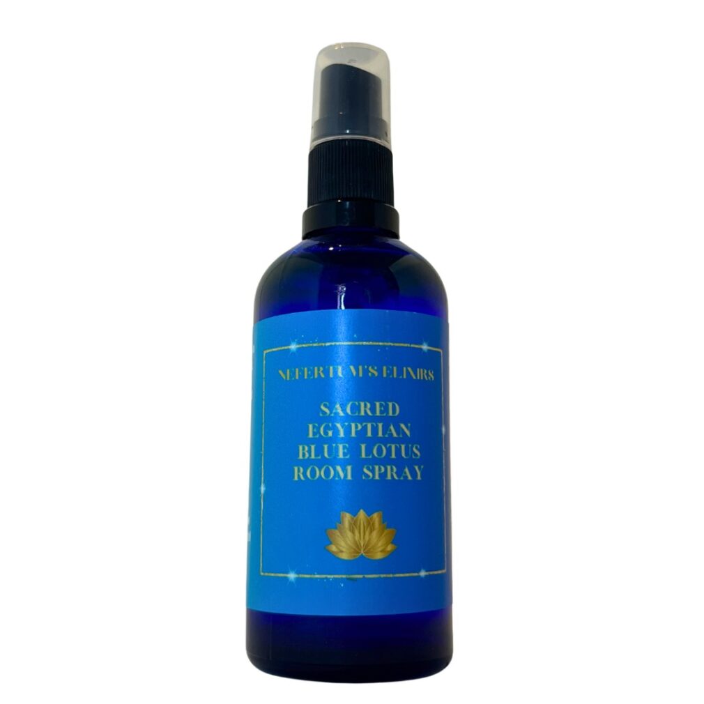 Nefertum's Elixirs Sacred Egyptian Blue Lotus Room Spray. Prepared for you in sacred ceremony, inspired by the recipes of ancient Egypt. Perfect for meditation and ceremonial practice. Also recommended to use your pillow to support a restful sleep and to support lucid dreaming.
