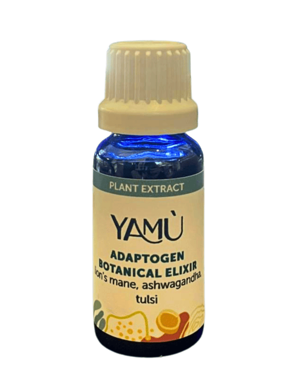 Yamu Adaptogen Botanical Elixir herbal tincture in glass dropper bottle.