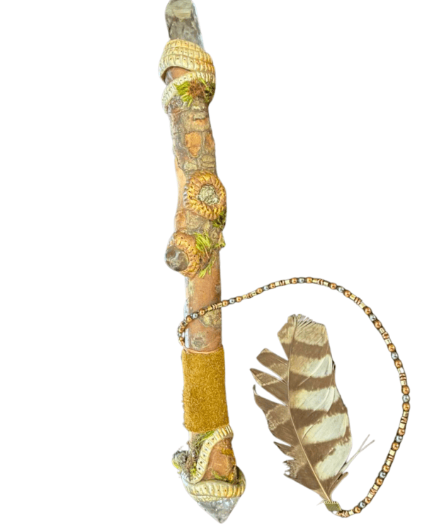 Handcrafted crystal Healer's Wand with Smokey Quartz, Pyrite, Hematite, Copper and owl feather.