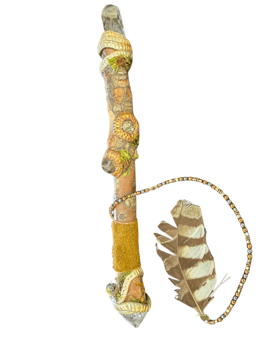 Handcrafted crystal Healer's Wand with Smokey Quartz, Pyrite, Hematite, Copper and owl feather.
