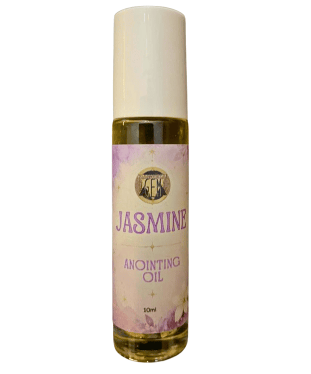 Jasmine Anointing Oil in glass bottle with botanical ingredients.