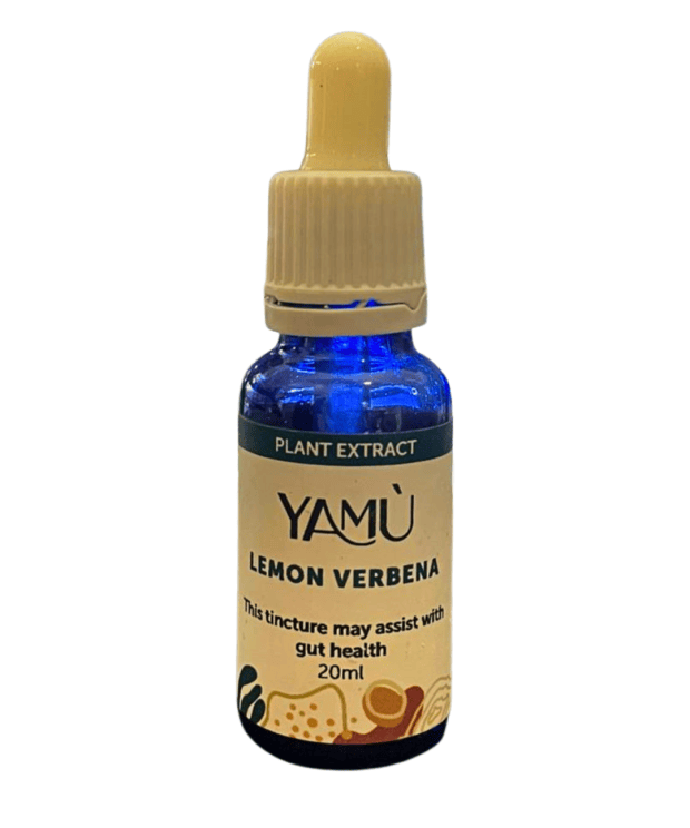 Yamu Lemon Verbena Tincture herbal extract in amber glass dropper bottle.