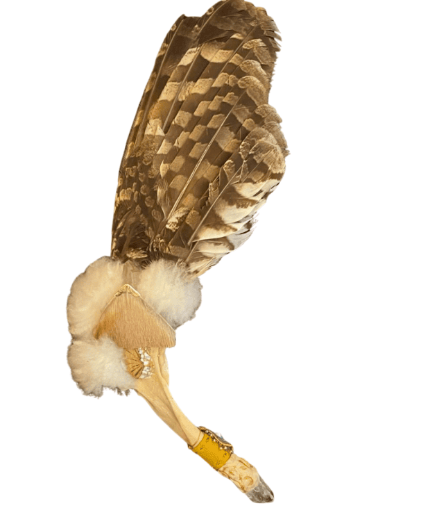 Handcrafted Owl Wing Smudge Fan with bone handle, Clear Quartz, Root of David and ceremonial accents.