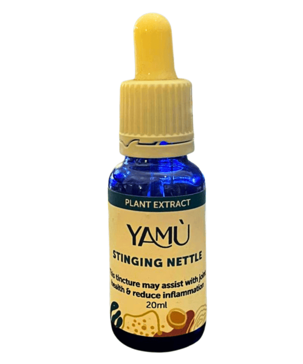 Yamu Stinging Nettle Tincture herbal extract in glass dropper bottle.