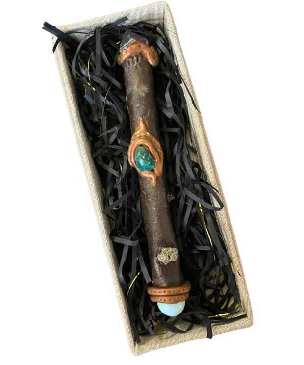 Handmade clay-detailed wand with amethyst point, opalite sphere, malachite and pyrite