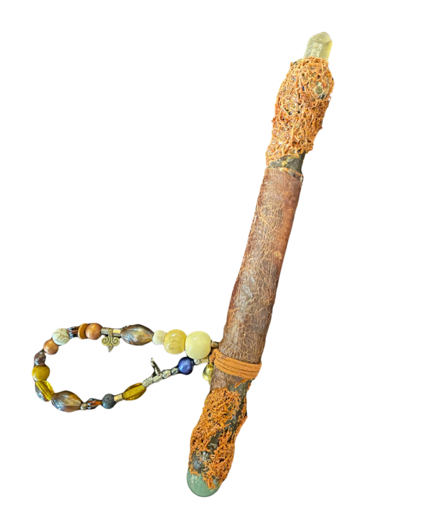Handmade African Citrine wand with Aventurine sphere, leather-wrapped shaft and beaded charm