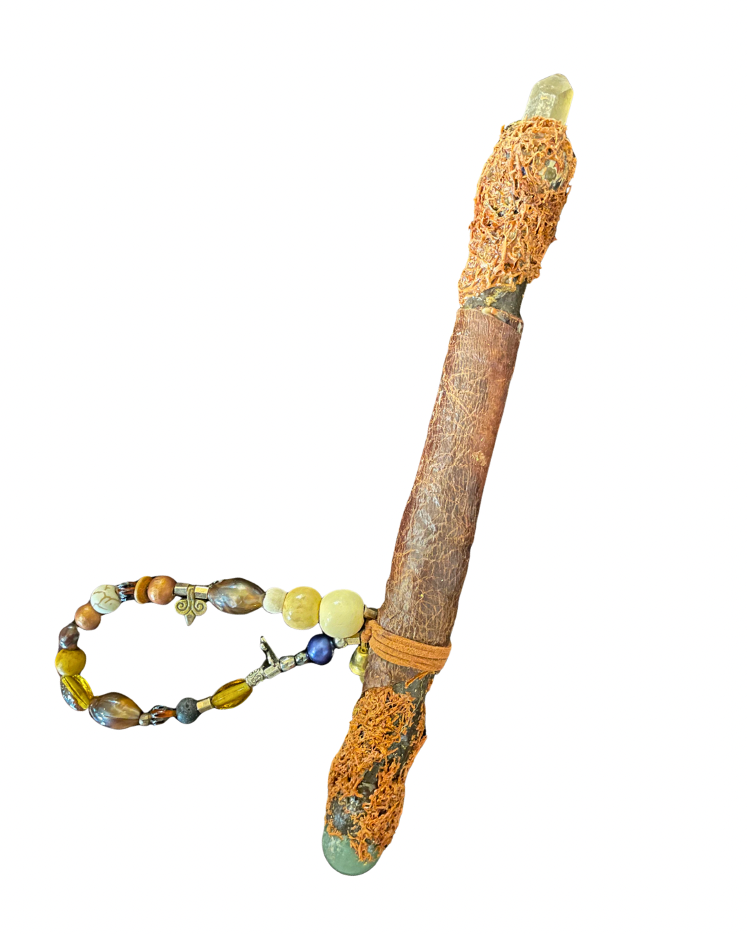 Handmade African Citrine wand with Aventurine sphere, leather-wrapped shaft and beaded charm