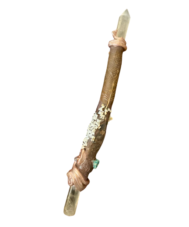 Handmade driftwood wand with clear quartz points, turquoise and howlite stone discs, rope wrap