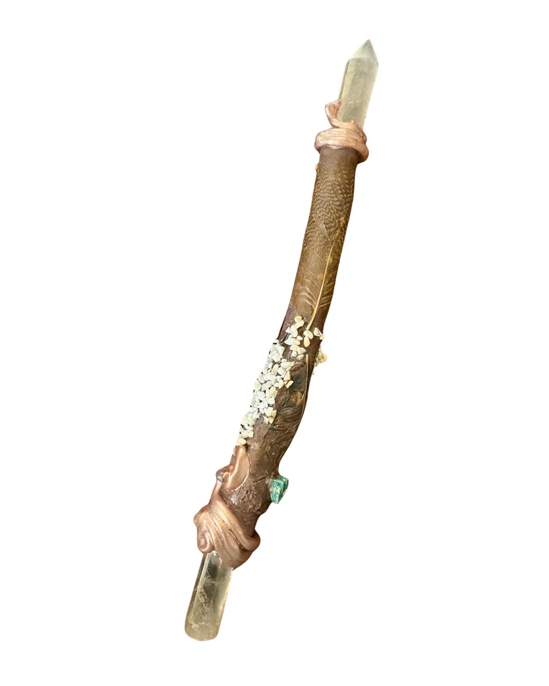 Handmade driftwood wand with clear quartz points, turquoise and howlite stone discs, rope wrap