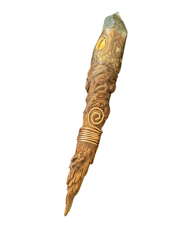 Handmade wooden wand with African Citrine point, cowrie shell and copper wire spiral wrap