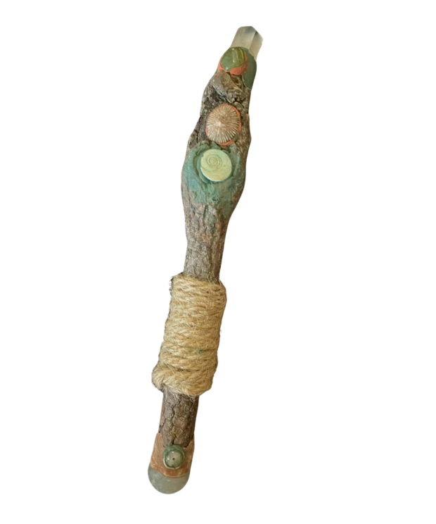 Handmade wooden Ocean Wand with shells, moss agate, selenite sphere and green and pink hand-painted detailing