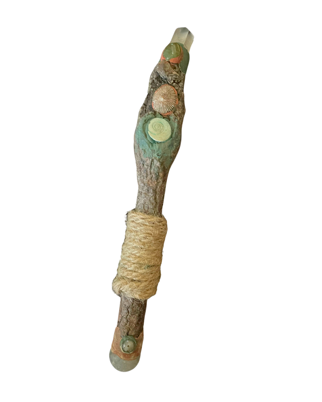 Handmade wooden Ocean Wand with shells, moss agate, selenite sphere and green and pink hand-painted detailing