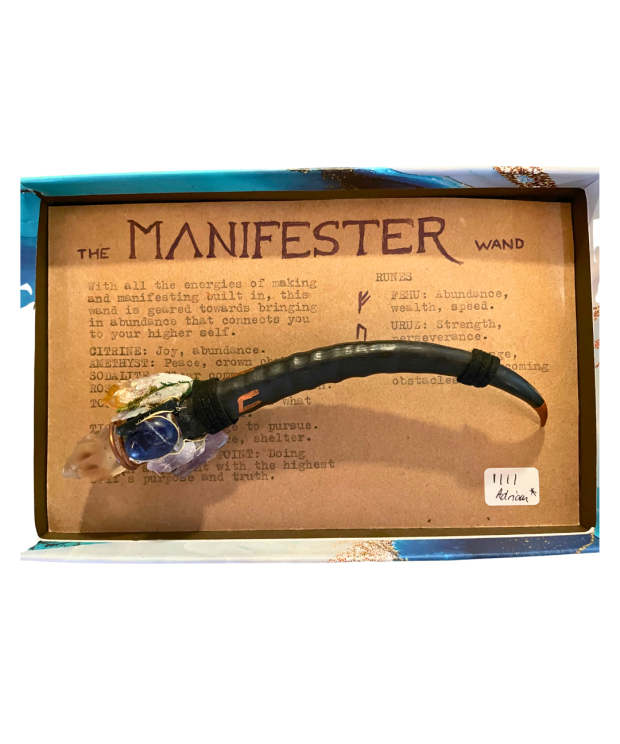Handmade horn Manifestor Wand with rutilated quartz point and multi-crystal cluster