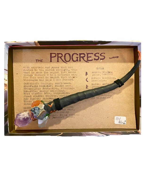 Handmade horn Progress Wand with rune carvings and multi-crystal amethyst point cluster