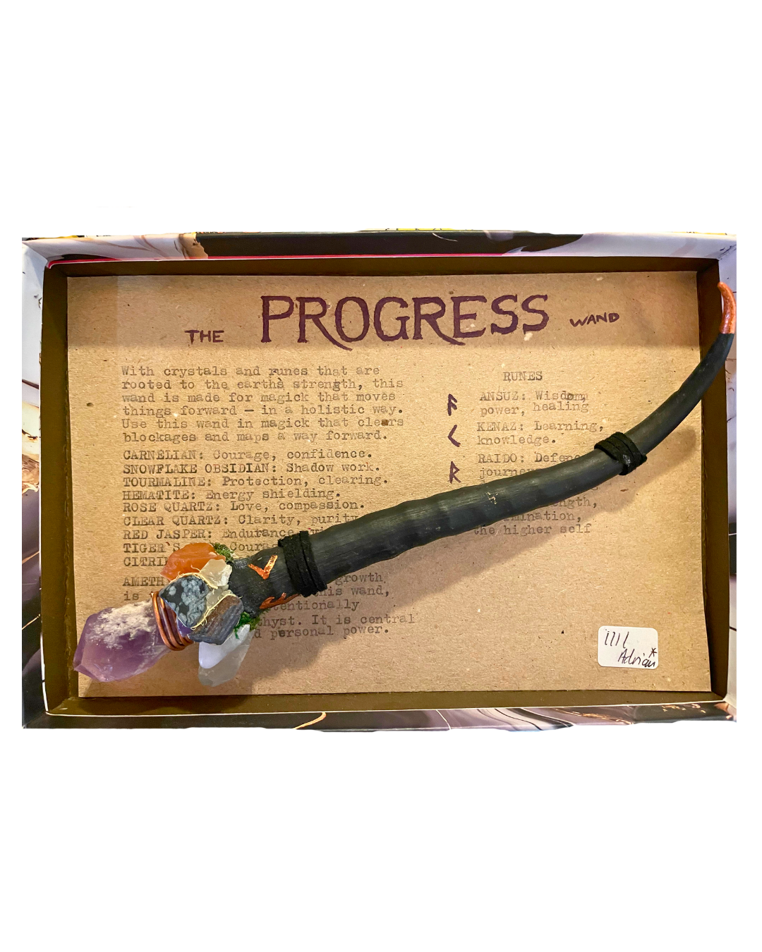 Handmade horn Progress Wand with rune carvings and multi-crystal amethyst point cluster