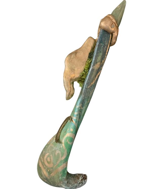 Handmade blue and gold Water Dragon Wand with clay dragon head, fluorite point and moon detail