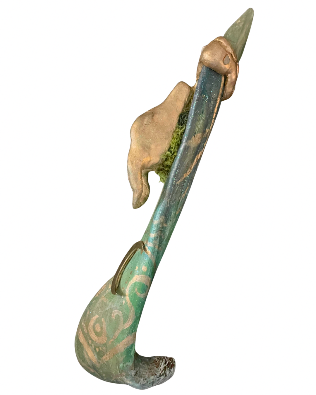 Handmade blue and gold Water Dragon Wand with clay dragon head, fluorite point and moon detail