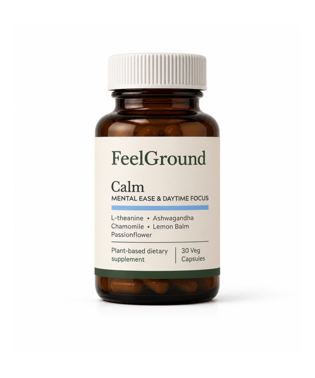 Bottle of FeelGround Calm herbal blend capsules