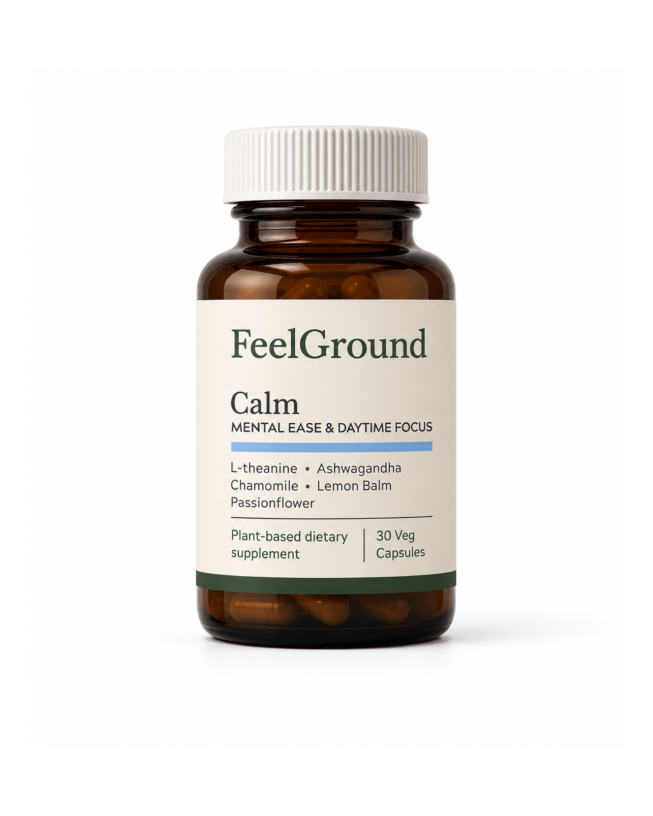Bottle of FeelGround Calm herbal blend capsules