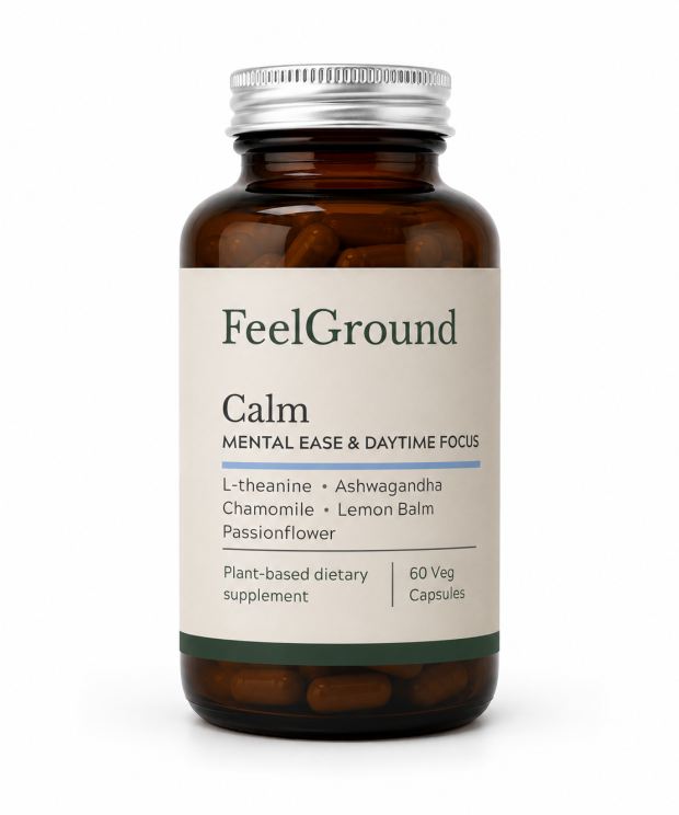 Bottle of FeelGround Calm herbal blend capsules
