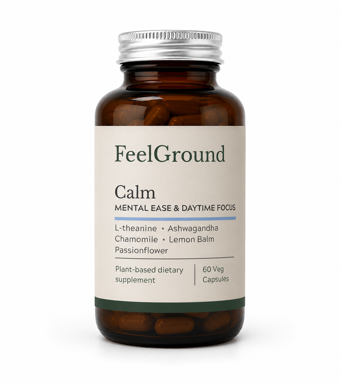 Bottle of FeelGround Calm herbal blend capsules