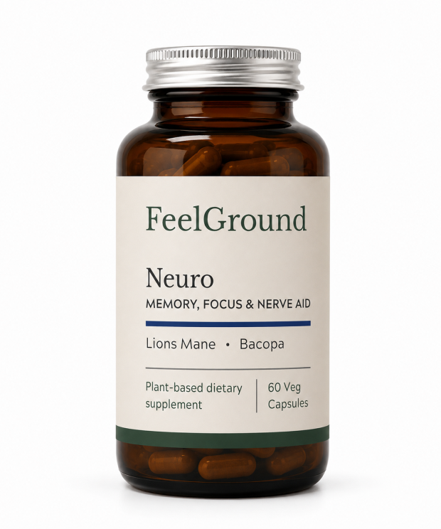 Bottle of FeelGround Neuro herbal blend capsules