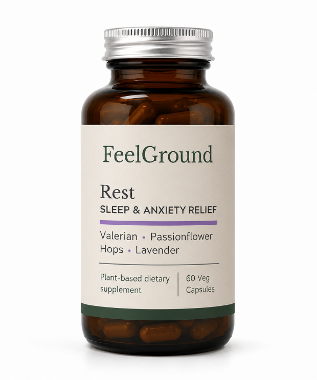 Bottle of FeelGround Rest herbal blend capsules
