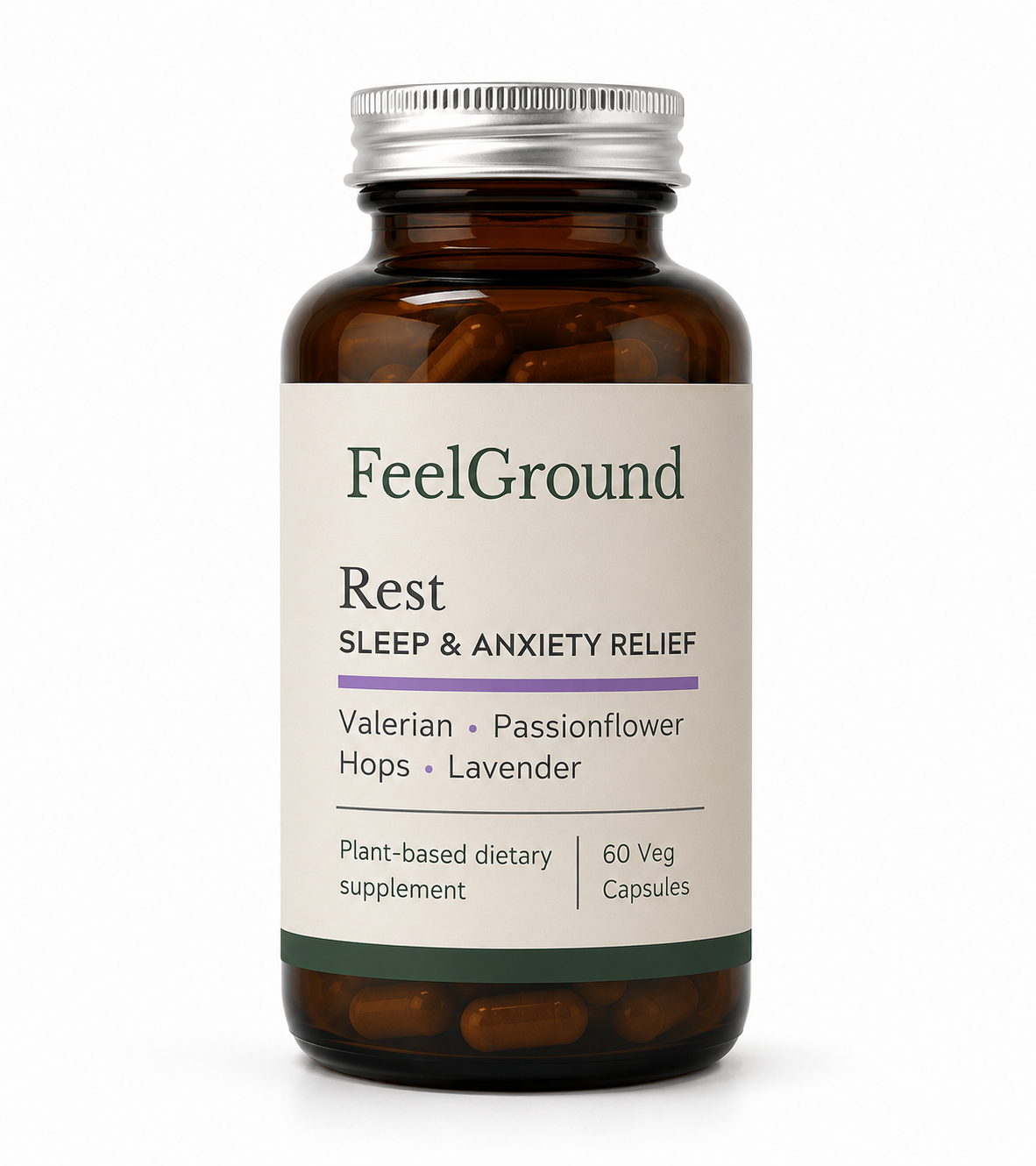 Bottle of FeelGround Rest herbal blend capsules