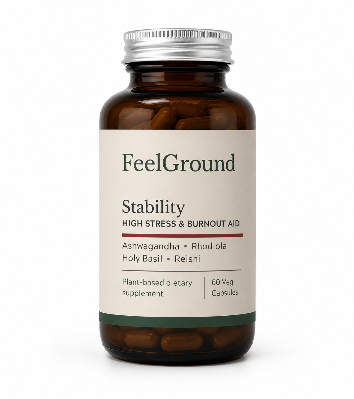 Bottle of FeelGround Stability herbal blend capsules